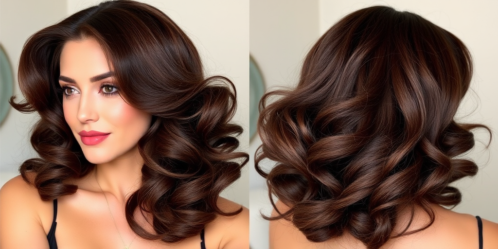 Luscious chocolate brown locks styled in voluminous vintage curls, called "Cocoa Velvet," boast a rich, glossy sheen and perfectly sculpted waves reminiscent of old Hollywood glamour, framing the face beautifully and ending just below the collarbone