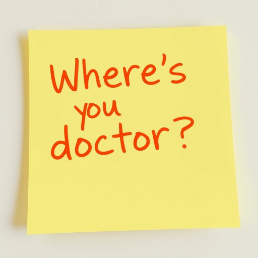 Yellow post-it note, hand written in orange pen text "Where's the doctor??", 3d, hd, hyper realistic,