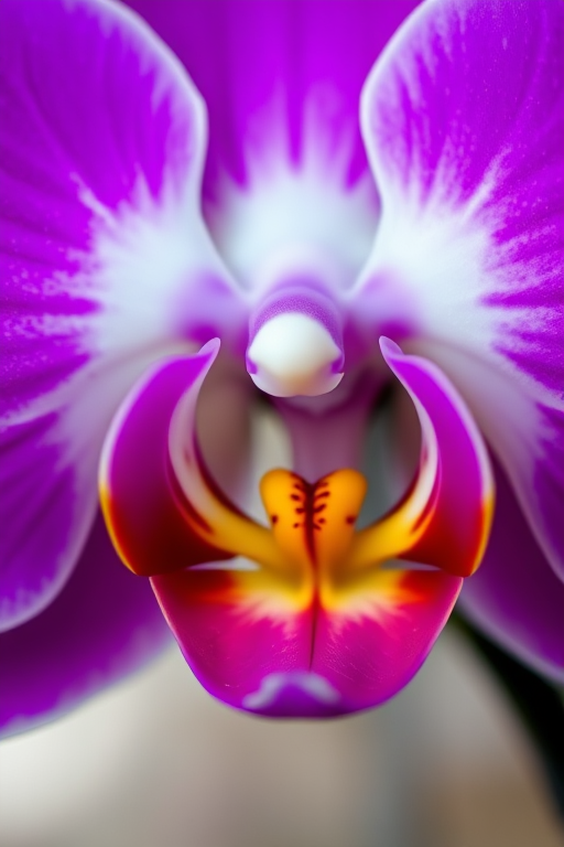 Close-up shot of a vibrant purple and white orchid with a soft-focus background, aperture f/2.8, shutter speed 1/200s, ISO 100, macro lens, natural light.