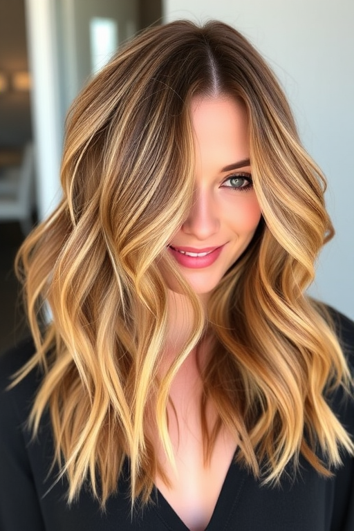 Chic caramel balayage lob dubbed "Golden Hour Glow" with textured wavy layers, rich honey-toned highlights framing face, sun-kissed effect throughout, tousled beachy texture, effortlessly stylish appearance