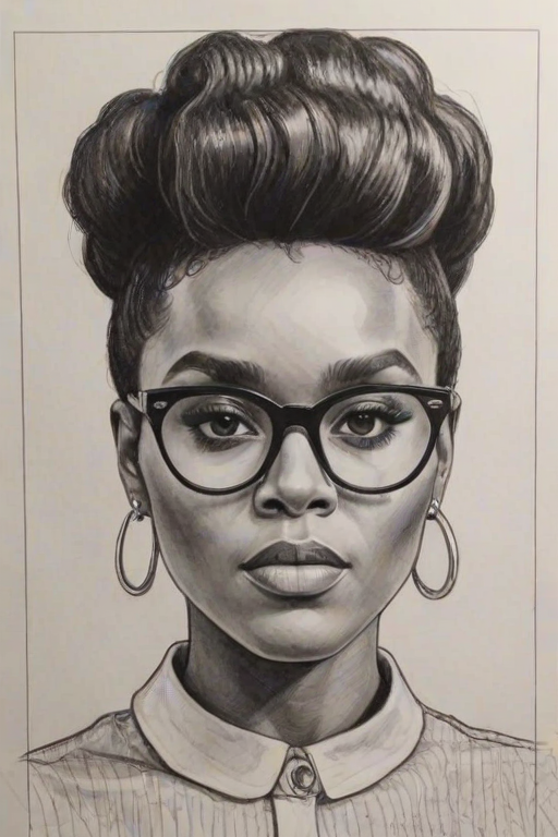 Bewitching Janelle Monae, pencil sketch, portrait of Comely woman 1966s in glasses, hair style beatnik, outline, clear lines, fine lines, 8k