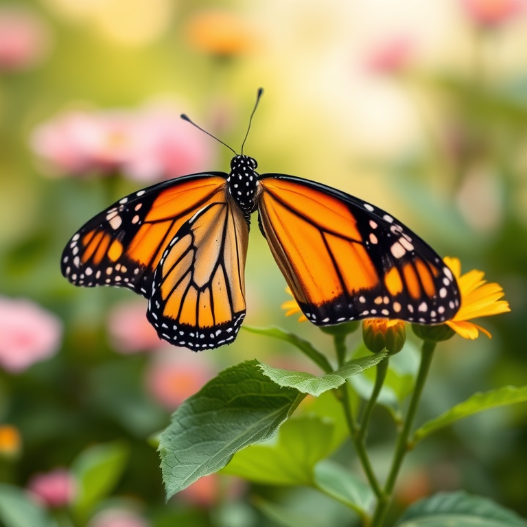 Generate an image of a monarch butterfly perched on a green leaf with a soft-focus background of blooming flowers and greenery. The butterfly should display its vibrant orange and black wings in detail, capturing the delicate textures and patterns. Aim for a natural and serene setting that highlights the beauty of the butterfly and its environment.