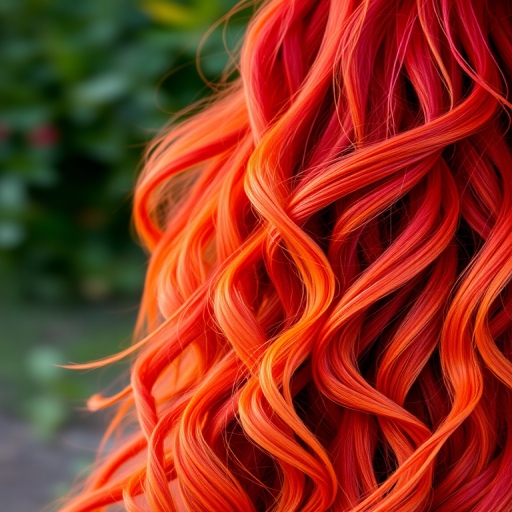 Vibrant Sunset Mane features cascading waves of fiery orange and deep crimson hair, flowing like molten lava down to the waist, with subtle golden highlights catching the light