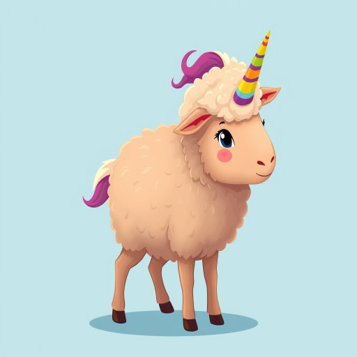 Create a whimsical illustration of a fluffy brown unicorn sheep with a colorful horn, standing on a soft blue background, using a digital art style with a high-resolution setting of 300 DPI, zoom level of 1.5x, and a bright color palette for enhanced vibrancy.