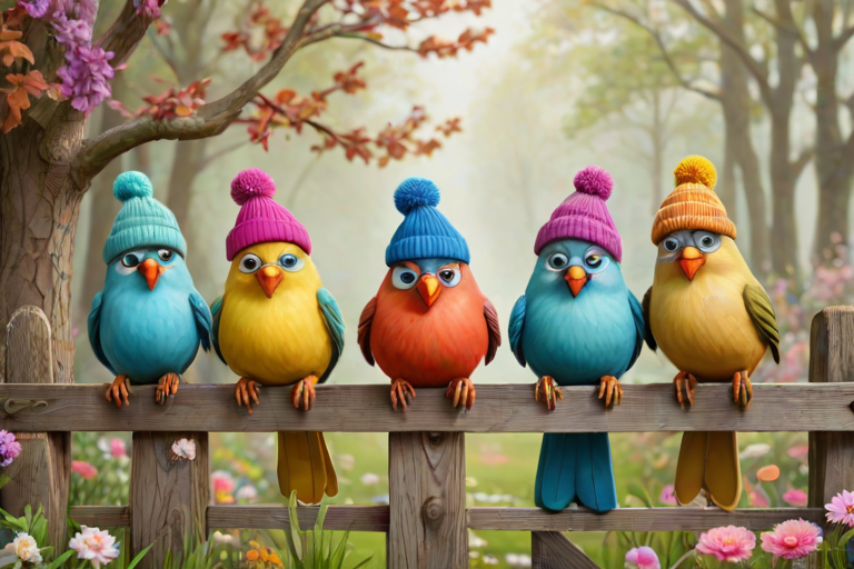 create a scene of 4 quirky  whimsical colourful comical birds each with a funny expression. they are sat on a wooden fence with colourful flowers. they are all different sizes. each one is a different colour  one is wearing a woolly hat. Each one has a different quirky google expression and there is a muted background of trees watercolour paintierly style high definition 8k resolution 3D paper mache