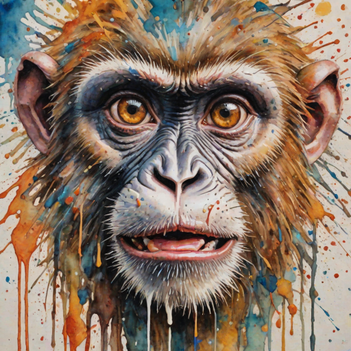 abstract watercolor painting with bold and deep brushstrokes. Thick impasto paint used. Dripping effect. Image breaking up into rectanguls shapes. Paint cracking. just a  smal;l pair of monkey's eyes starting to appear in the middle. The eyes are crying.  Coloured paint splattered around the edges. Geometric lines in background. swirly effect. peeling paint effect. raised rectangles. Dinghy Cream Look edge added in Topaz.