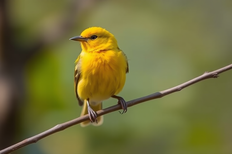 A vibrant yellow bird perched on a branch, captured with a DSLR camera, 85mm lens, f/4 aperture, ISO 200, natural lighting, shallow depth of field, focus on the bird with a blurred background.