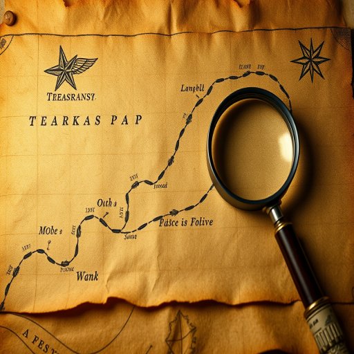 Create a detailed treasure map illustration on aged parchment, featuring an obvious path marked by dotted lines, using a magnifying glass accent, shot with a Canon EOS 5D Mark IV at f/8, ISO 100, 50mm lens, in a soft diffused light setup for enhanced texture and depth.