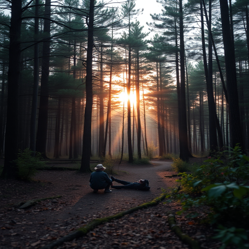 Create a high-resolution image of a tranquil forest scene at sunrise with soft, warm light filtering through the trees, using a DSLR camera with a 50mm lens, aperture set to f/1.8, ISO 200, and a shutter speed of 1/125 sec, in a landscape orientation for an immersive depth-of-field effect.