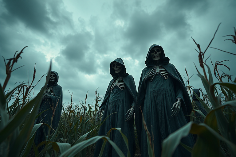Create a scene of three skeletal figures in tattered cloaks standing in a cornfield under a moody sky, using a DSLR camera with a 50mm lens, f/2.8 aperture, ISO 100, and a low angle shot to enhance depth and atmosphere.