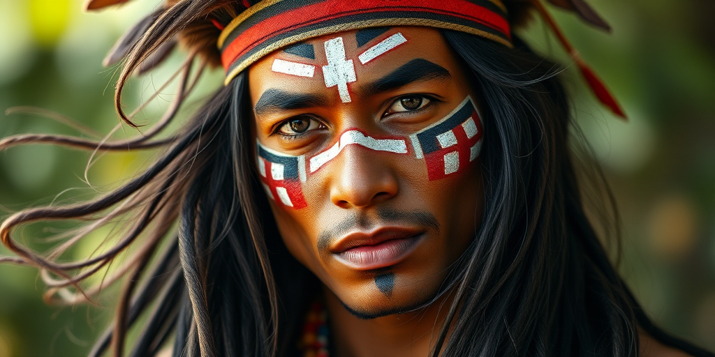 Create a hyper-realistic portrait of a young Indigenous man with long, flowing hair and traditional face paint, captured in natural light with a Canon EOS R5, 85mm lens, f/1.8 aperture, ISO 100, portrait orientation, soft bokeh background.