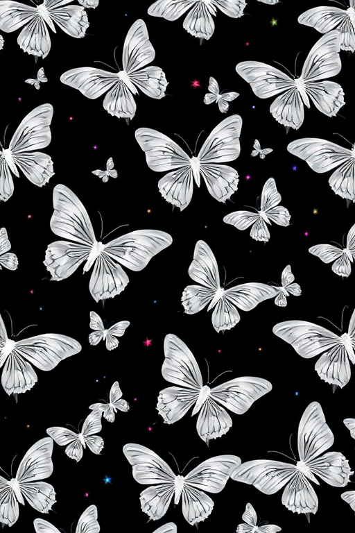 create a seamless pattern of white butterflies on a black background with small colorful sparkles in pink, purple, and blue, captured with a DSLR camera at f/4 aperture, 1/125 sec shutter speed, ISO 100 for crisp details and vivid colors, top-down view with soft lighting
