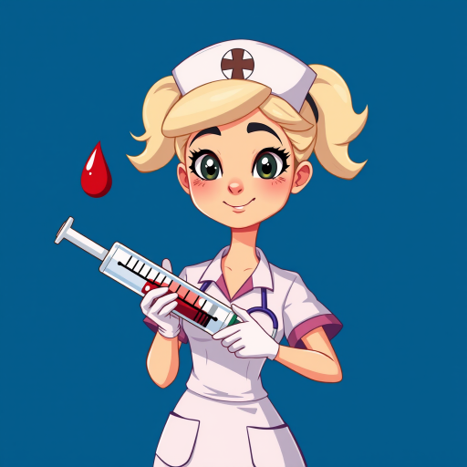 Create an illustration of a cartoon nurse holding a large syringe with a drop of blood at the tip, set against a deep blue background, using a digital painting style, high resolution, in a vertical orientation, with vibrant colors and smooth lines, simulating a Canon EOS 5D Mark IV with a 50mm lens, aperture set to f/2.8 to achieve a soft focus effect on the background.