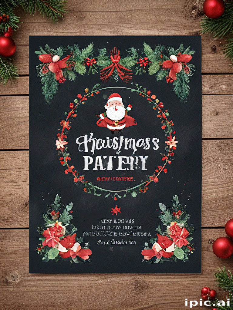 Festive Christmas Party Invitation with Santa and Floral Decorations Design