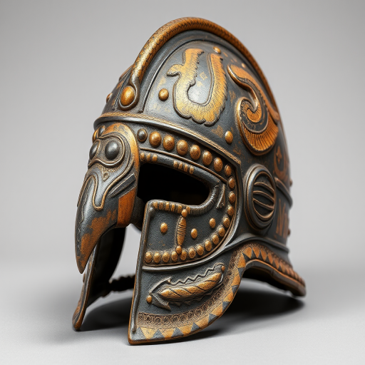 Create a high-resolution image of an ancient helmet shaped like a bird with intricate decorations, using a DSLR camera, 50mm lens, aperture f/1.8, ISO 100, natural lighting for clarity and detail, shot at eye level against a neutral background.