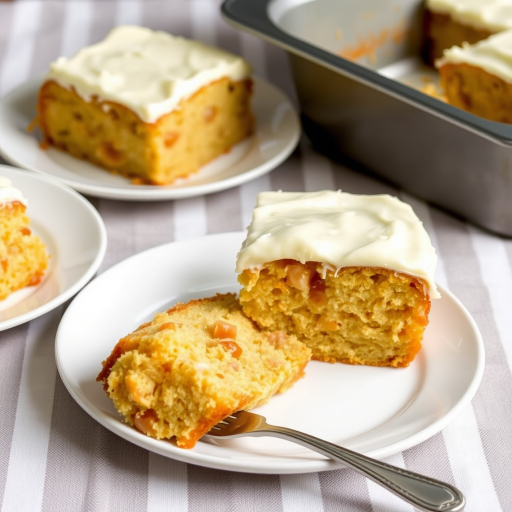 A slice of moist apple cake with cream cheese frosting on a white plate with a fork beside it, another slice on a nearby plate, and a metal baking pan in the background on a striped tablecloth.