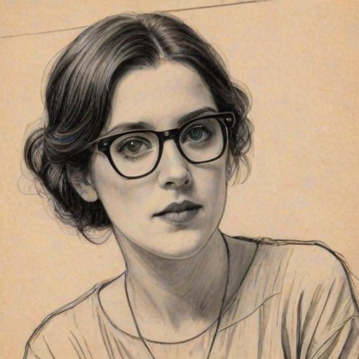 Charming Melanie Lynskey, pencil sketch, portrait of Splendid woman 1923s in glasses, hair style beatnik, outline, clear lines, fine lines, 8k