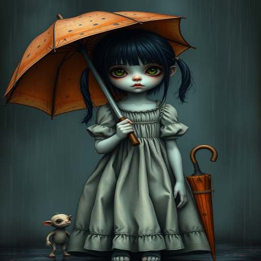 An eerie, weird little girl with dark hair in thin pigtails, wearing a smock dress, standing in the rain, holding a dirty orange umbrella, a small, odd creature beside her. In a surreal style inspired by Nicoletta Ceccoli and Brian Froud. Dark fantasy themes