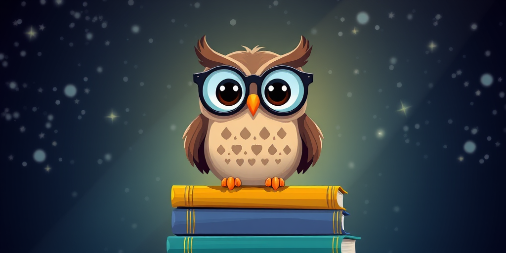 Create an image of a cartoon owl with large glasses, sitting on a stack of colorful books, set against a starry night background, using a soft focus lens at f/2.8, with a 50mm lens, in vibrant colors and high contrast, capturing the whimsical and wise essence of the owl.