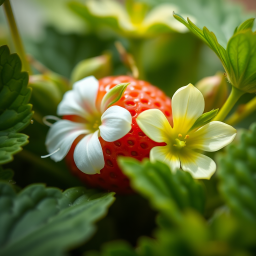 Close-up of a strawberry and flower among green leaves, macro photography, natural lighting, ISO 100, f/2.8, 50mm lens, shallow depth of field, DSLR camera.