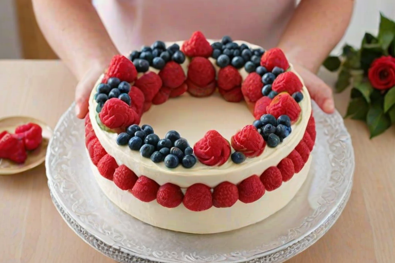 Create an image of a beautifully decorated cake in the shape of a ring. The cake should have layers with a smooth, light-colored frosting. Decorate it with vibrant pink and red buttercream roses, heart-shaped candies, and an assortment of fresh berries like raspberries and blueberries. Add some greenery for contrast. The background should be simple and elegant to highlight the cake's details.