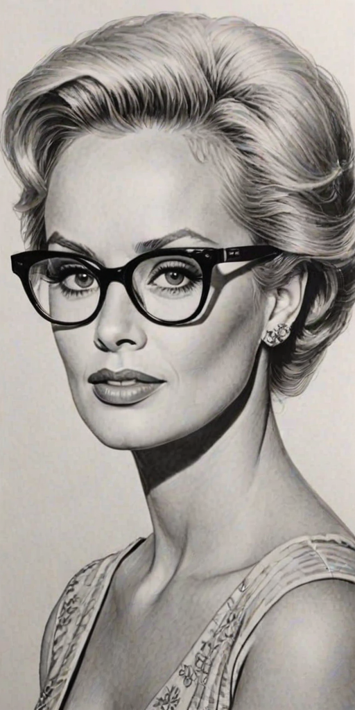 Alluring Tippi Hedren, pencil sketch, portrait of Fetching woman 1956s in glasses, hair style beatnik, outline, clear lines, fine lines, 8k