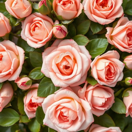Create a floral pattern featuring soft pink and peach roses with green leaves, using a DSLR camera at f/2.8 aperture, 50mm lens, top-down view, soft lighting, and high-resolution settings for enhanced detail and clarity.