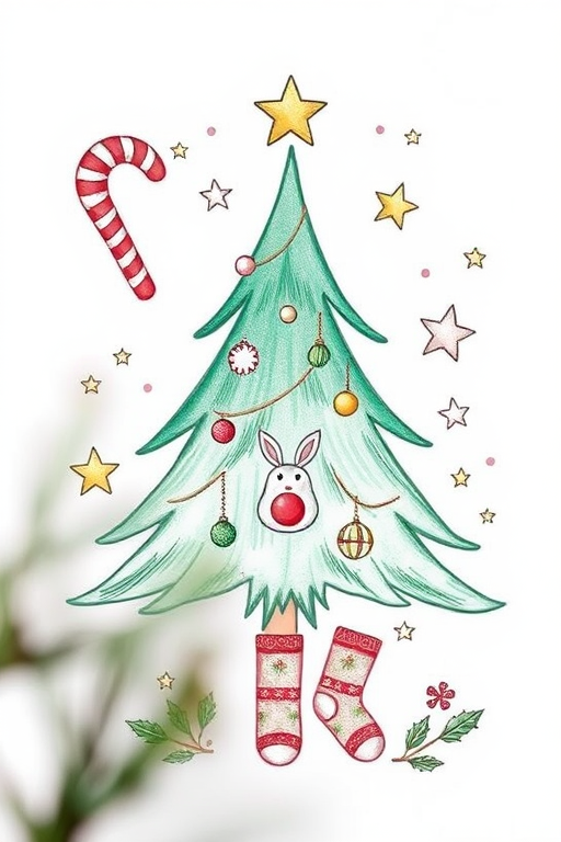 Create a festive illustration featuring a hand-drawn Christmas tree, candy cane, reindeer head, star shapes, Christmas socks, ornament, and leaves in a pastel color palette with a soft background, captured using a DSLR camera at f/4 aperture, 50mm lens, natural light, and a shallow depth of field to enhance image quality.