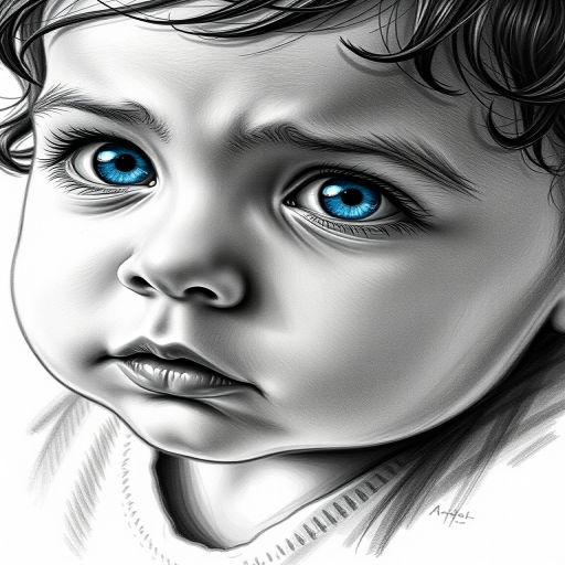A hyperdetailed photorealistic black and white sketch of a beautiful toddler with deep blue eyes, with a macro focus