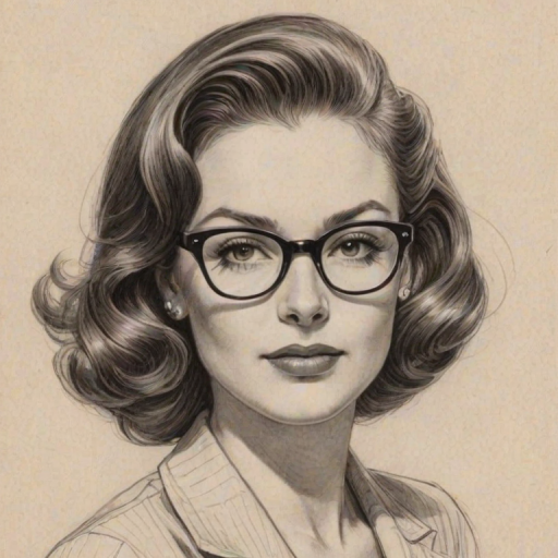 Enchanting Karen Valentine, pencil sketch, portrait of Sublime woman 1948s in glasses, hair style beatnik, outline, clear lines, fine lines, 8k