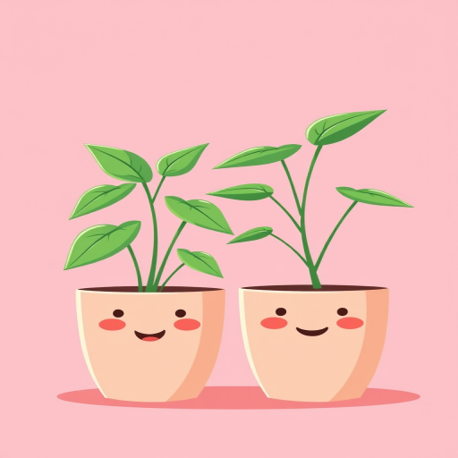 Create a cartoon-style illustration of two cute potted plants with smiling faces on a soft pink background, with a Canon EOS 5D Mark IV camera, aperture f/4, ISO 100, focal length 50mm, shot from a straight-on view to enhance sharpness and detail.