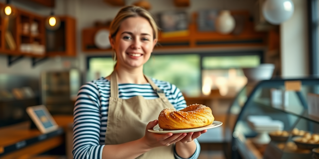 Generate an image of a woman in an apron holding a pastry in a bakery, with a warm, inviting atmosphere, taken with a Canon EOS R5, 50mm f/1.2 lens, aperture set to f/2.8, soft natural lighting, and a shallow depth of field for a bokeh effect on the background.
