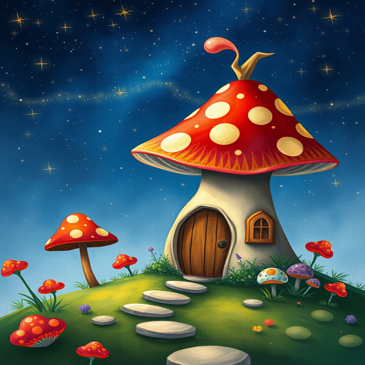 this photo is illustration of a mushroom house with a door and a window, a storybook , fantasy art, mushroom house, bg starry sky, sparkles
