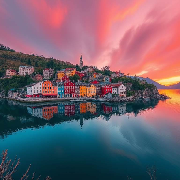 capture a picturesque lakeside village with colorful buildings reflecting on calm water during sunset, use a Canon EOS R5 with a 24-70mm f/2.8 lens, aperture set to f/8, ISO 200, shutter speed 1/125s, shot from a panoramic view to emphasize the landscape and vibrant colors