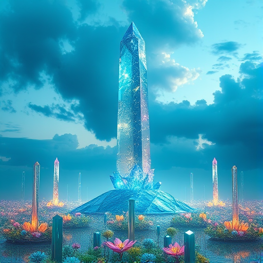 Landscape Photography A massive, shining crysta |glass tower in an ethereal alien landscapesurrounded by glowing flower crystals and asapphire s ky with dark clouds looming
