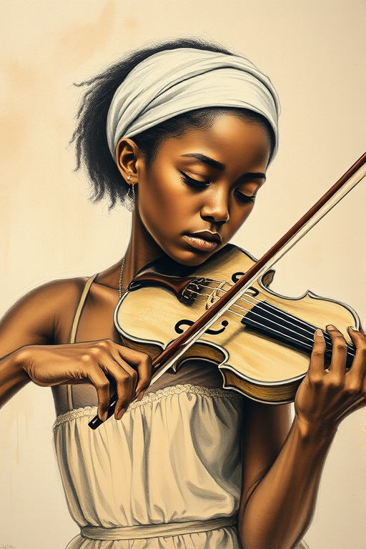 a young Afro-Caribbean woman with a white headband playing a violin, in the style of a charcoal drawing, sepia grunge background