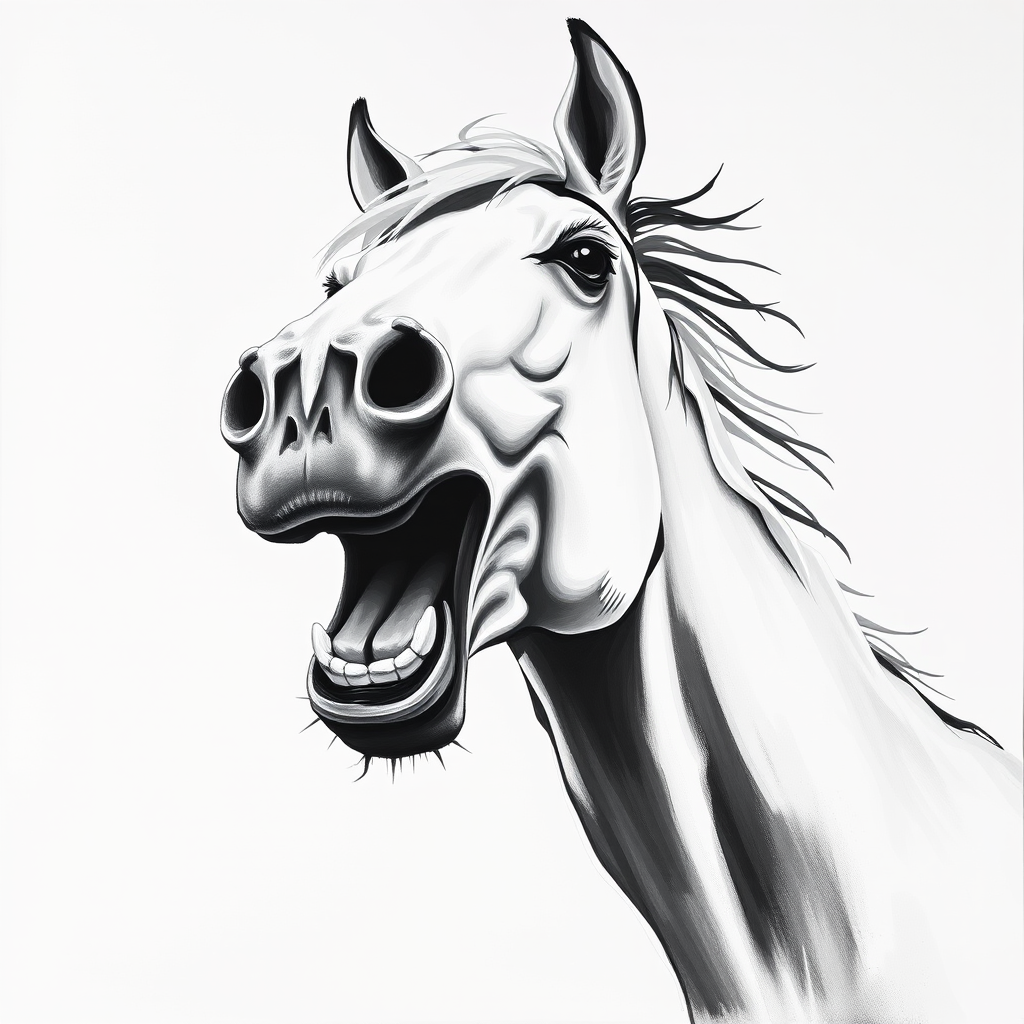 Abstract black and white acrylic portrait of an over exaggerated laughing (horse). Minimalism style. White background.