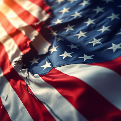 create a vibrant illustration of a torn American flag with claw scratch marks, using a wide-angle lens, f/4 aperture, ISO 100, and a soft focus background to enhance the colors and details
