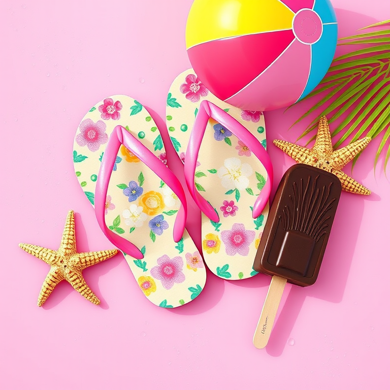 create a vibrant digital illustration featuring a pink background with summer-themed elements like flip-flops with floral designs, a beach ball in bright colors, a starfish, and a chocolate-dipped popsicle, using a high-resolution setting of 300 DPI, shot from a top-down perspective with a soft focus lens effect, employing a DSLR camera style for sharper details and color vibrancy.