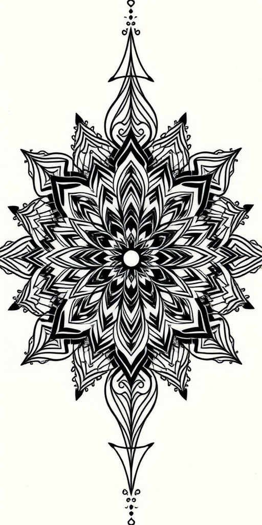 Intricate blackwork tattoo called "Geometric Odyssey" showcasing a complex pattern of interconnected shapes and lines forming a mandala-inspired design with bold contrasts and precise symmetry