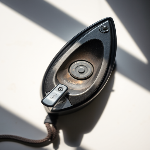 Create a highly detailed image of a classic iron with a focus on its shape and design, using a 50mm lens with f/2.8 aperture, ISO 100, and soft natural lighting to enhance texture and shadows, captured in a top-down view to highlight its curves and features.