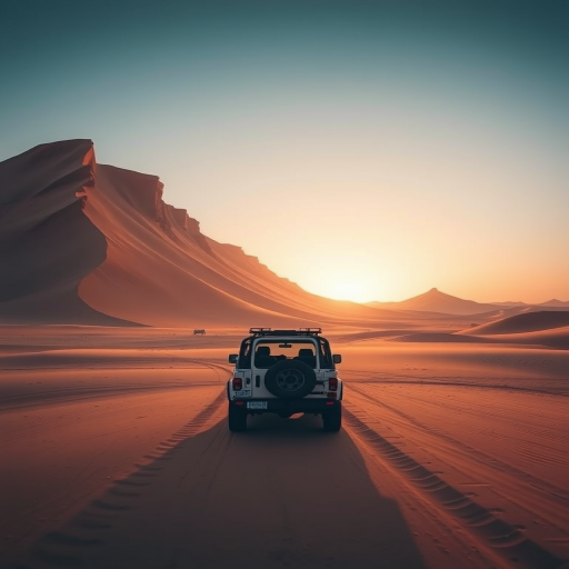 Capture a dramatic desert scene with a vehicle facing towering sand waves during sunset, settings: f/8 aperture, ISO 200, 1/500 sec shutter speed, using a wide-angle lens, in landscape orientation, DSLR camera, high dynamic range for enhanced details and vivid colors.