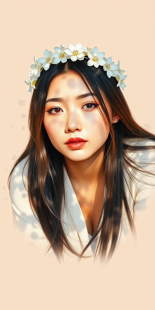 create a watercolor painting of an ethereal portrait of beautiful Mongolian woman with a simple white flower crown on her head. Her hair is long and she is lying on the ground. The sunlight on the trees casts shadows from the leaves on her face and body. The background is a neutral brown color that matches her skin tone. The image is minimalist and solid colors. This style is characterized by soft, delicate brushstrokes and a light, airy, contrasting color palette. High level of detail and play of light
