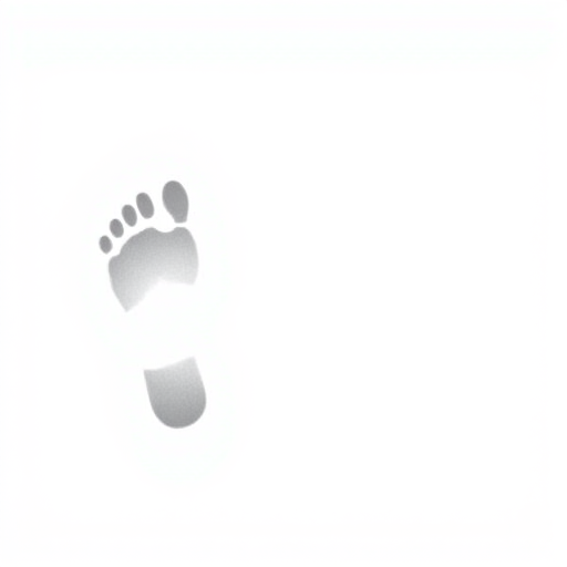 Create a high-resolution image of a human footprint silhouette on a white background, using a DSLR camera with a 50mm lens, f/2.8 aperture, ISO 100, and a shallow depth of field, captured from an overhead perspective.