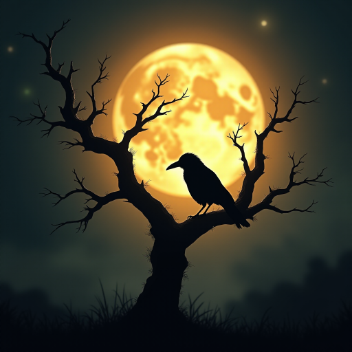A fantastical photo featuring the silhouette of a crow perched on the branches of a tree, set against the backdrop of a large, luminous moon. Incorporate fantasy elements into the posture of the crow and the shape of the branches, depicting a mysterious scene illuminated by the moonlight on a tranquil night. Use warm tones to enhance the cozy atmosphere of this enchanting and elegant scene. insanely detailed, High contrast and low saturation.
