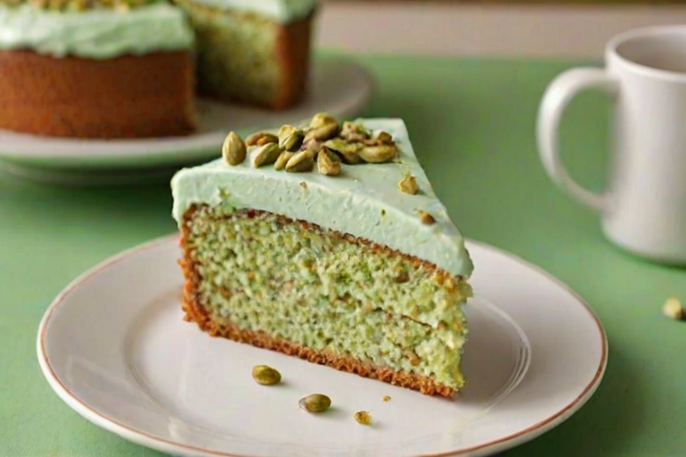 Create an image of a slice of cake with a light green frosting. The cake should have a fluffy texture and be garnished with chopped pistachios on the sides. The background should be a cozy kitchen setting with soft lighting, highlighting the cake's details.