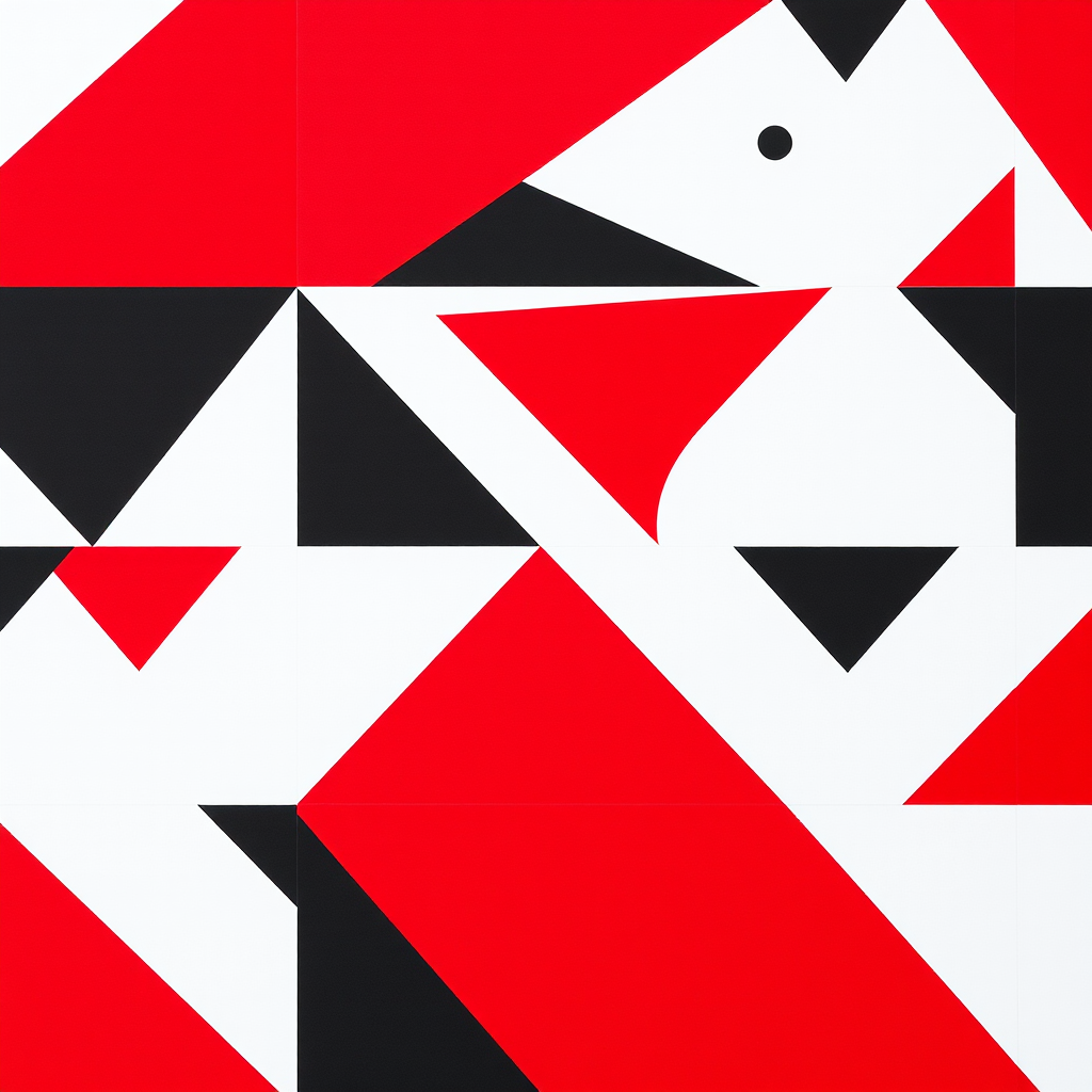 Create a vibrant geometric pattern featuring bold red, black, and white triangles and shapes, captured with a Canon EOS R5 at f/8, ISO 100, 1/60s, in a flat lay style for a clean, high-resolution effect.