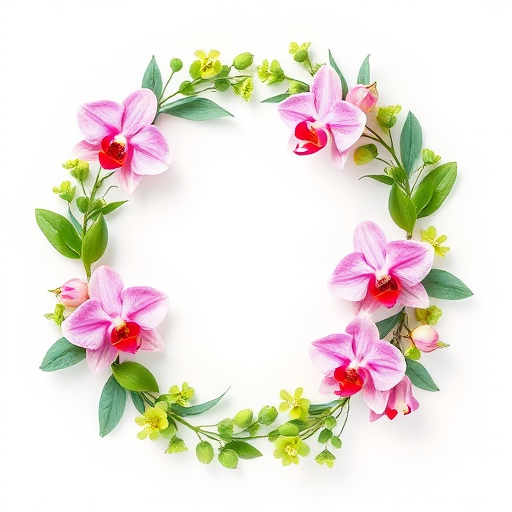 Create a high-resolution watercolor floral wreath with blooming pink orchids and lush greenery on a soft pastel background, using a Canon EOS R5 at f/2.8, ISO 100, 50mm lens, top-down view, natural light for enhanced softness and detail.