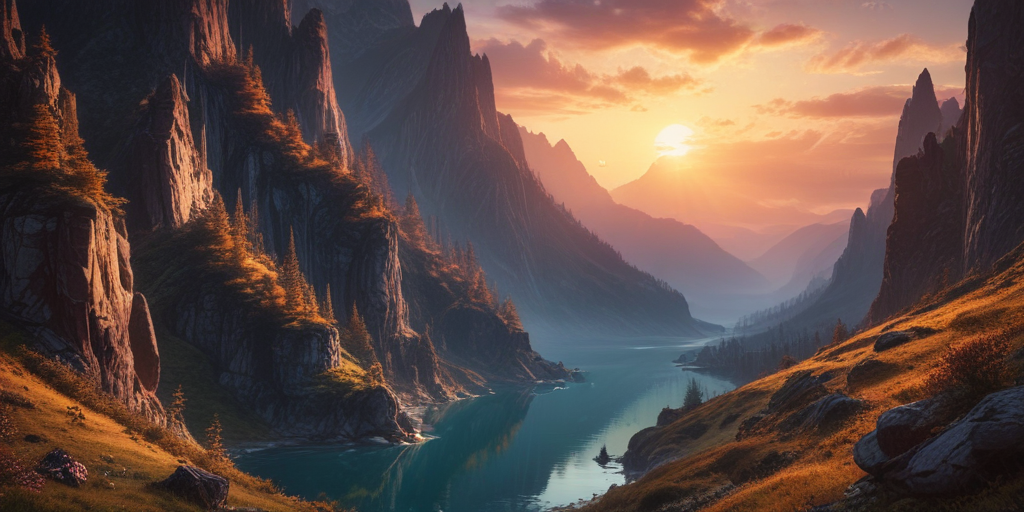 Breathtaking Sunset Over Majestic Mountains and Serene River Landscape