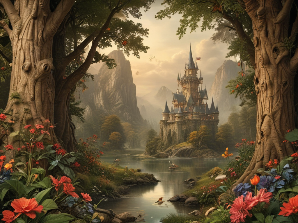 Enchanting Castle Surrounded by Lush Forest and Vibrant Flowers at Dusk